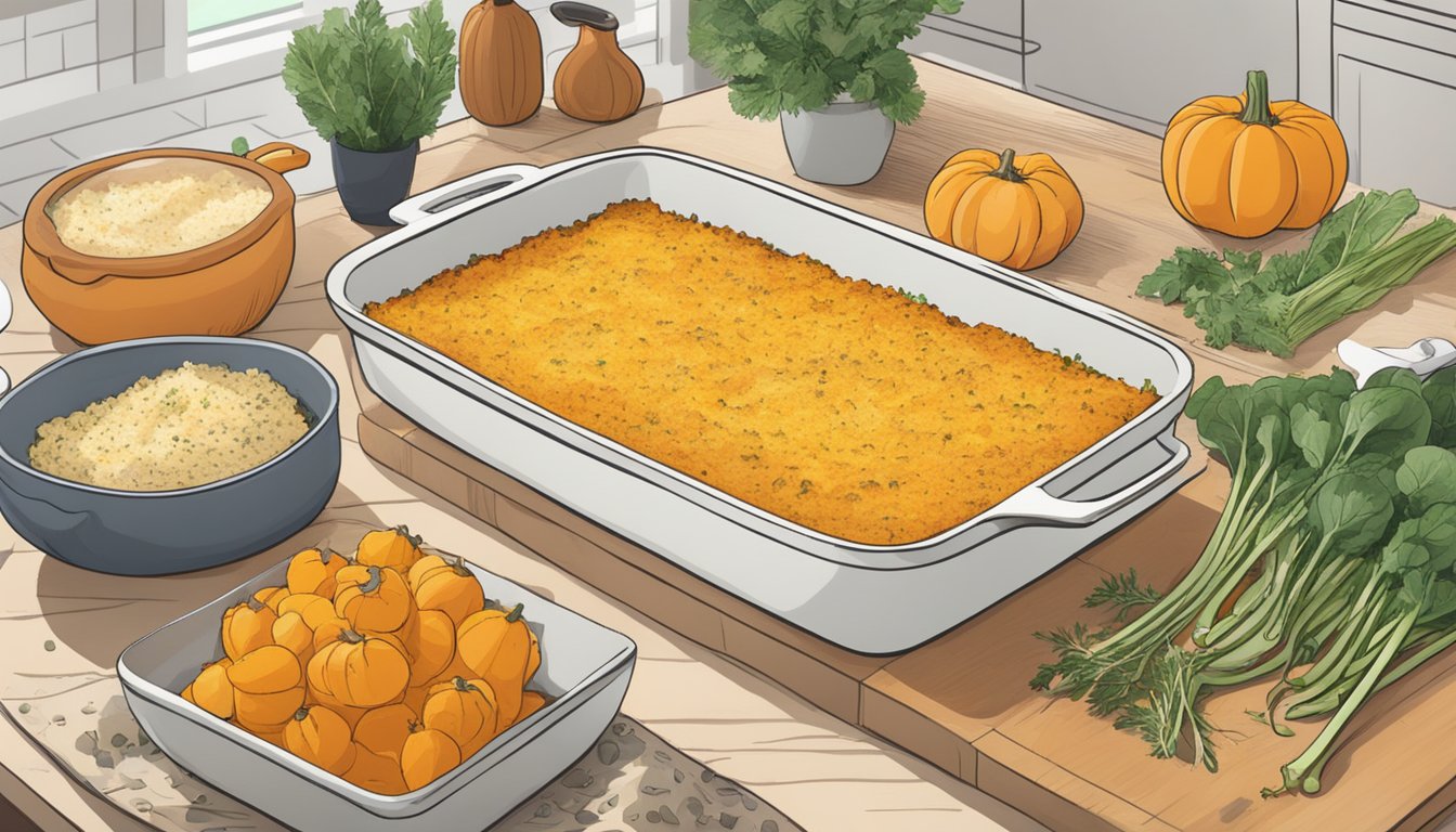 A butternut squash gratin being reheated in the oven, with various ingredients and seasonings laid out on a kitchen counter nearby