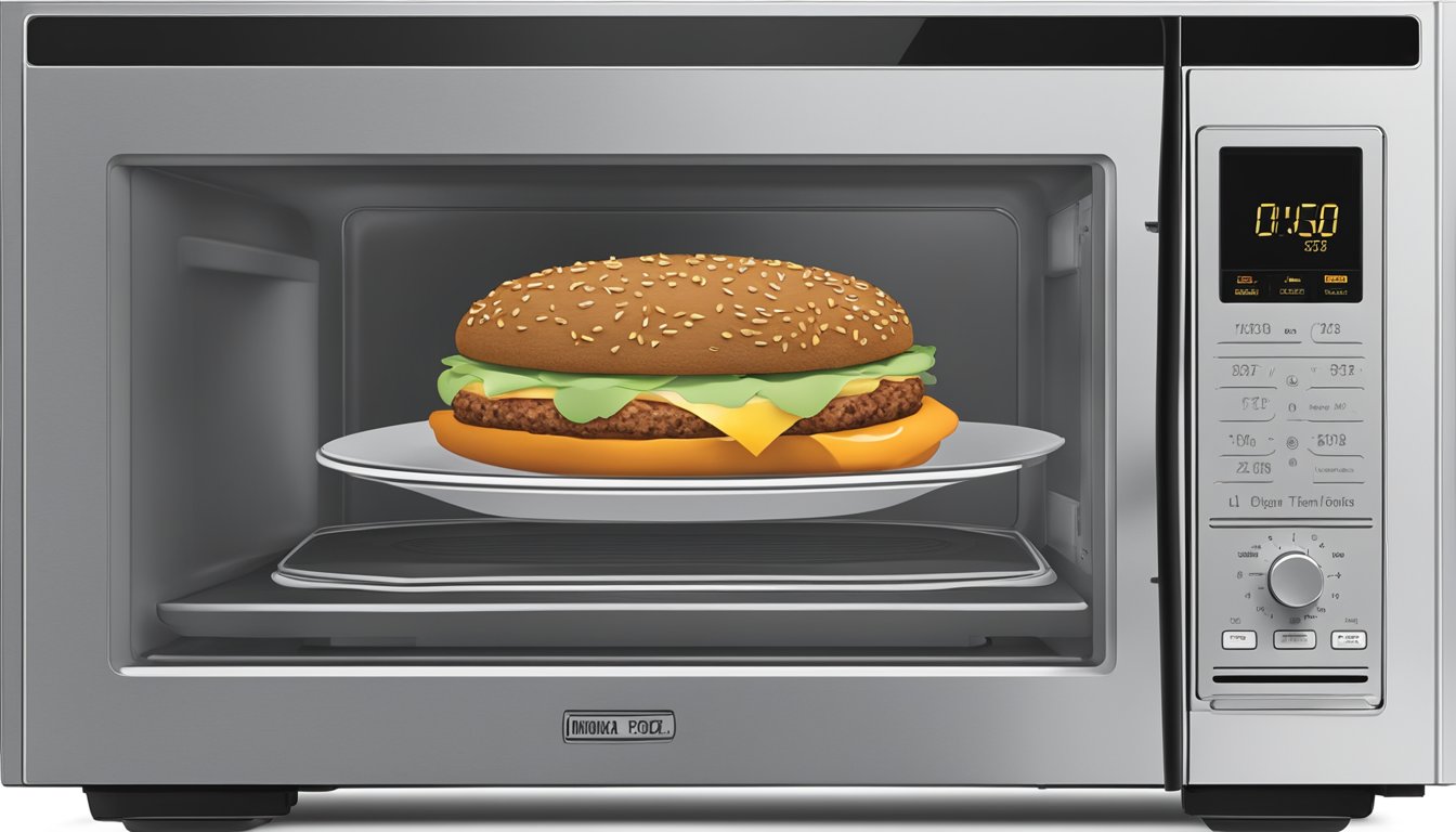 A microwave with a plate of bubba foods original beef burgers inside, the timer set and the door closed, ready for reheating