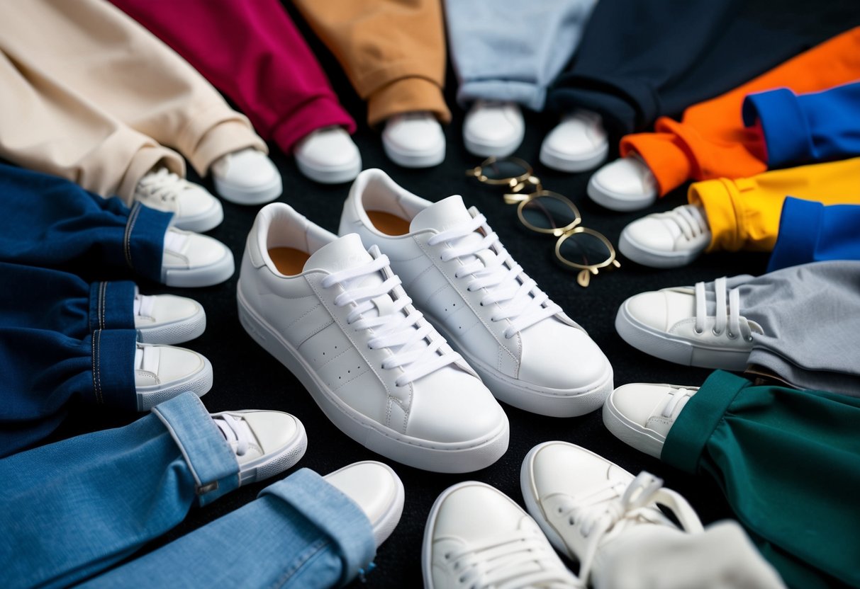 A pair of classic white sneakers surrounded by various outfits in different styles and colors