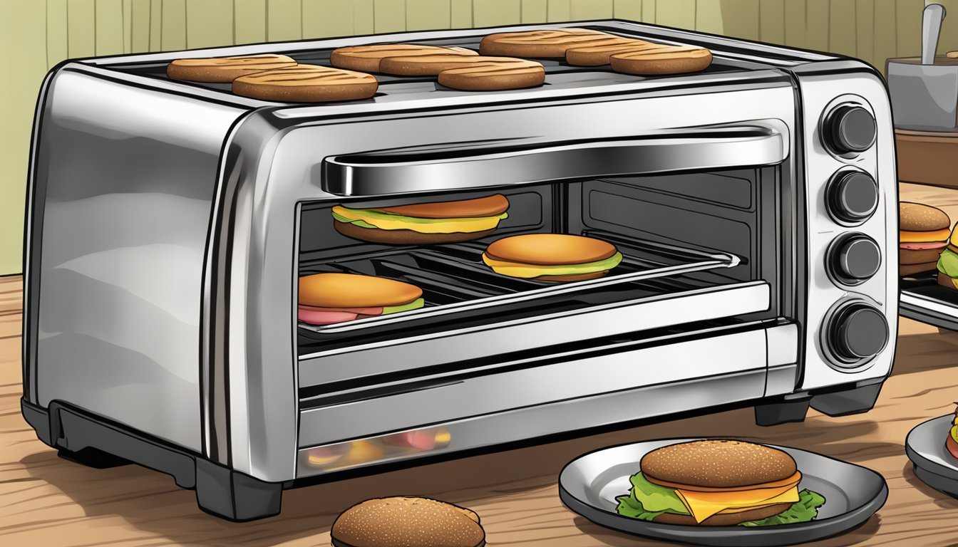 A toaster oven with bubba foods original beef burgers inside, set to reheat