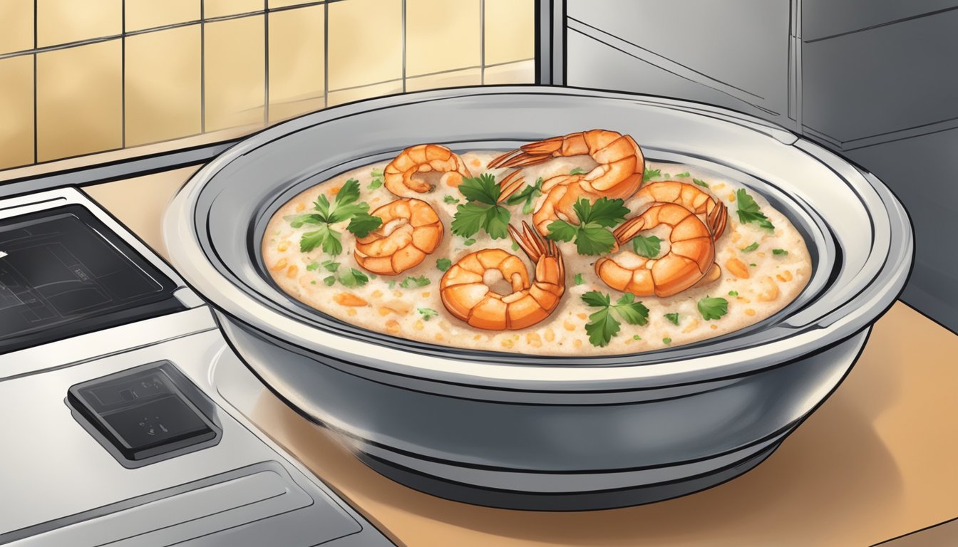 A steaming bowl of cajun shrimp and grits being reheated in a microwave, with the aroma of spices and seafood filling the kitchen