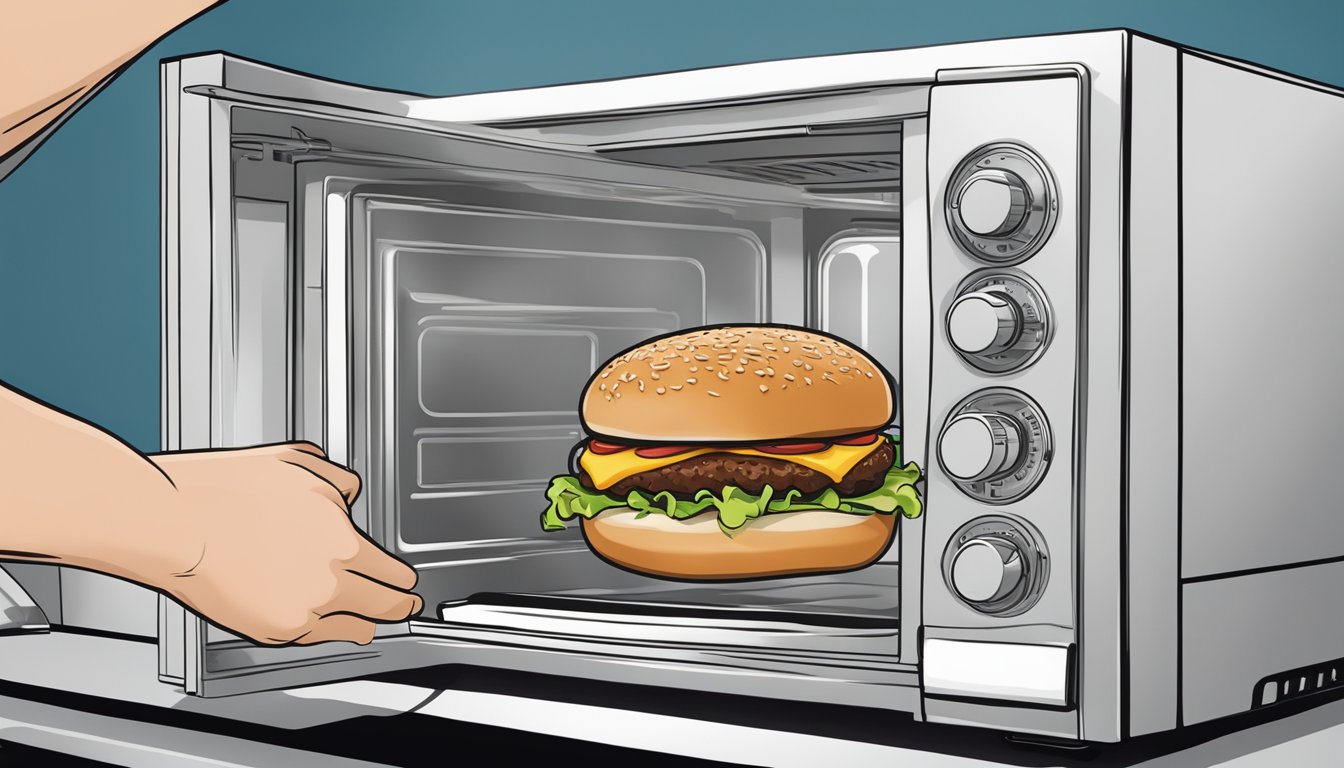 A hand reaching into a microwave to remove a sizzling Bubba Foods original beef burger from its packaging