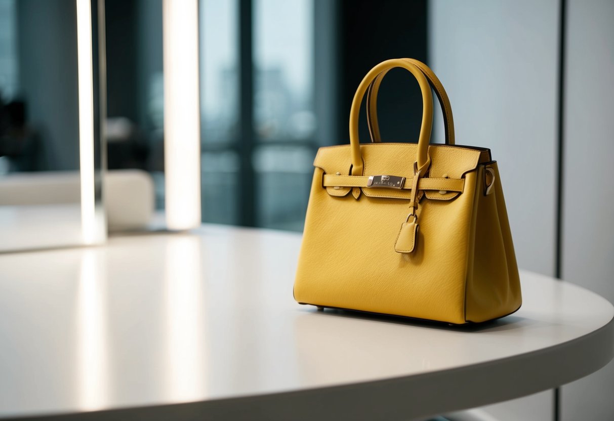 A stylish handbag in complementary colors to the outfit, placed on a clean, modern surface with soft lighting