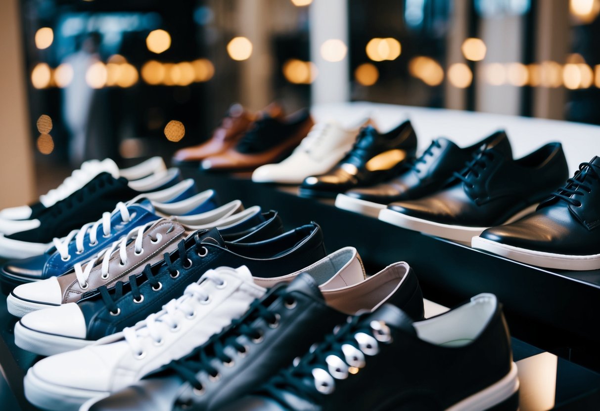 A display of various shoes in different shades, with a majority of them being black and white
