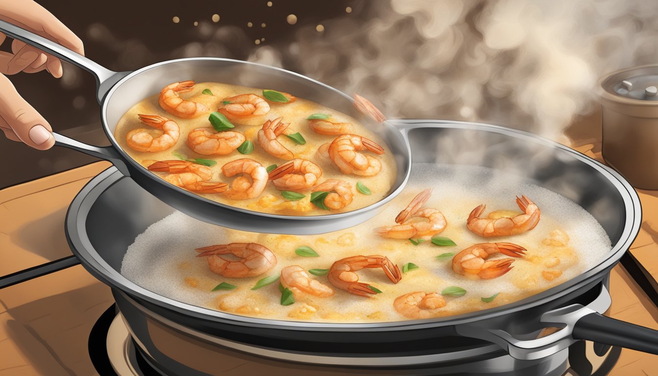 A steaming plate of cajun shrimp and grits being removed from the oven, with the aroma of spices and butter wafting through the air