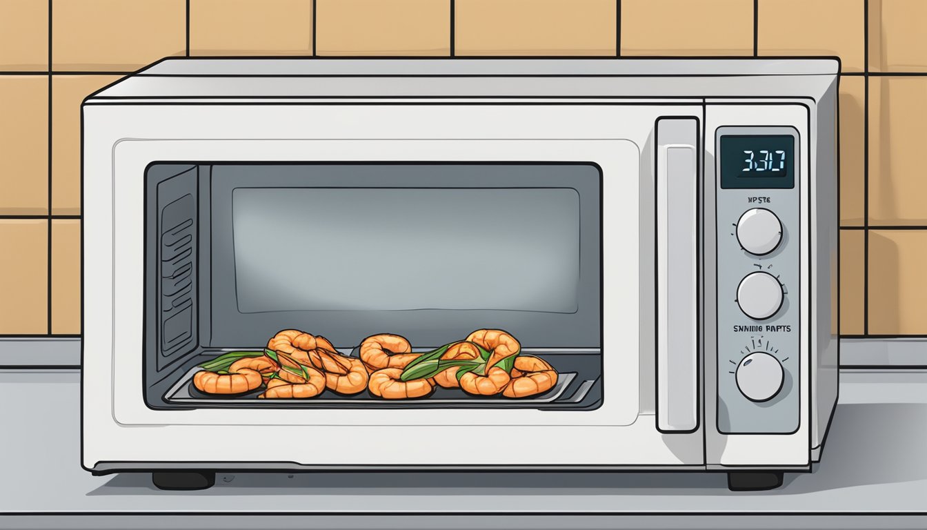 A plate of cajun shrimp and grits sits inside a microwave, with the door closed and the timer set to reheat