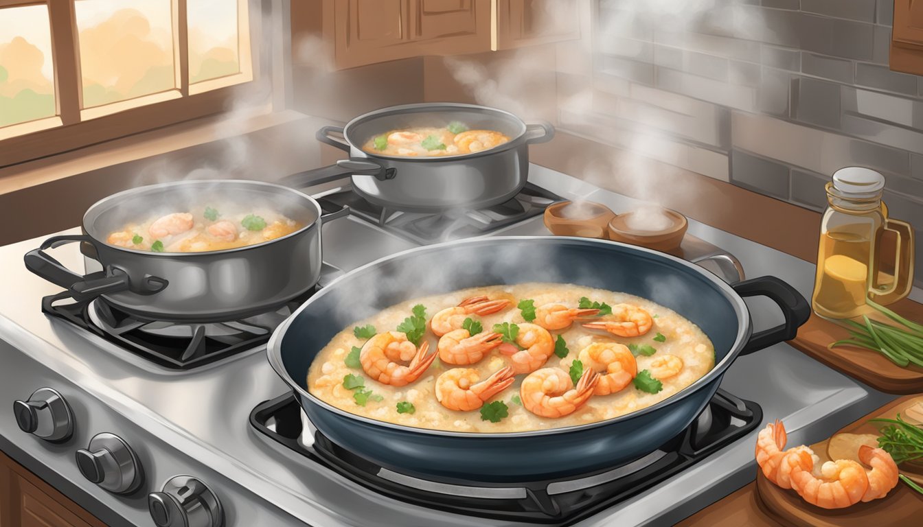 A steaming bowl of cajun shrimp and grits being gently reheated on a stovetop, with the aroma of spices and seafood filling the kitchen