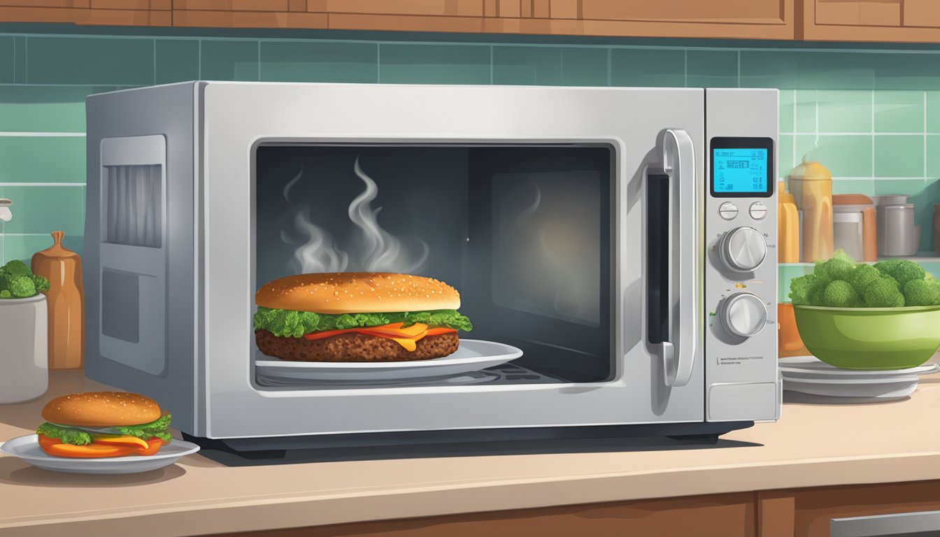 A microwave with a plate of Veggie Bubba Burgers inside, steam rising as they heat up