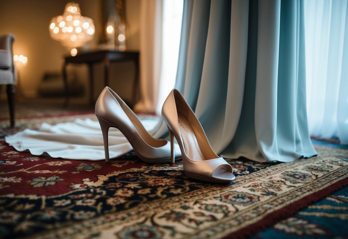 A pair of elegant high heels placed next to a flowing evening dress on a luxurious rug, with soft lighting casting a romantic ambiance