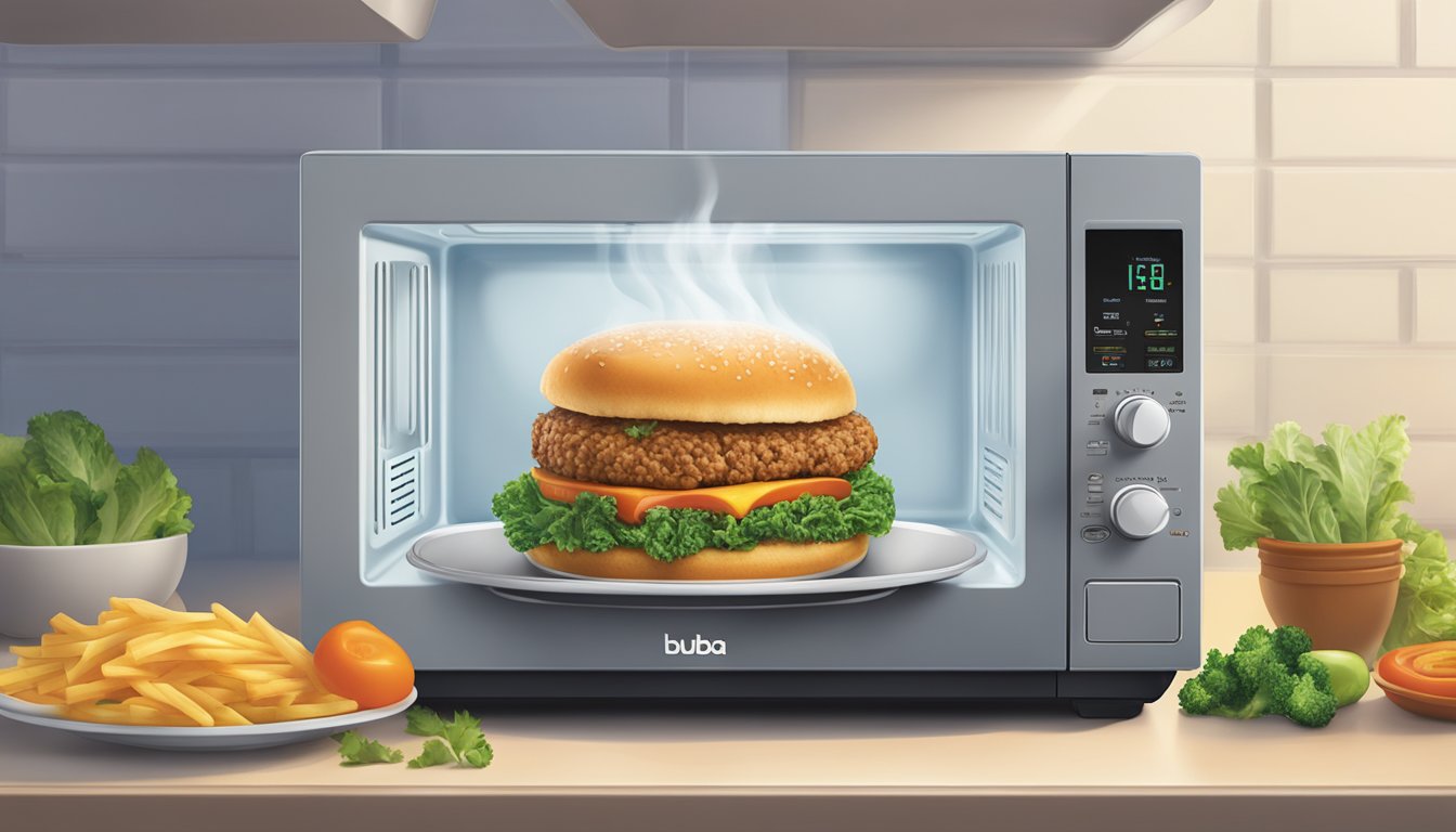 A microwave with a plate of bubba foods veggie burgers inside, with steam rising from the hot food