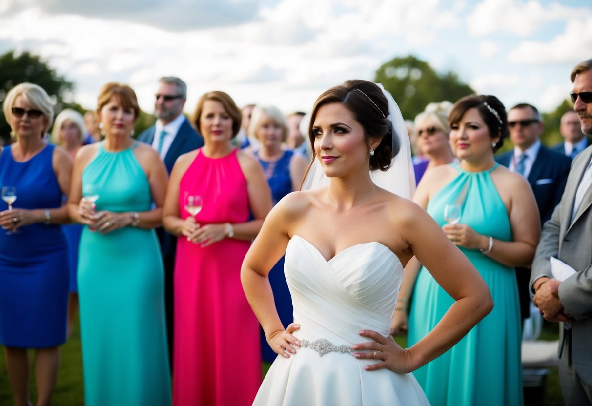 A white dress stands out among colorful wedding guests, drawing disapproving glances