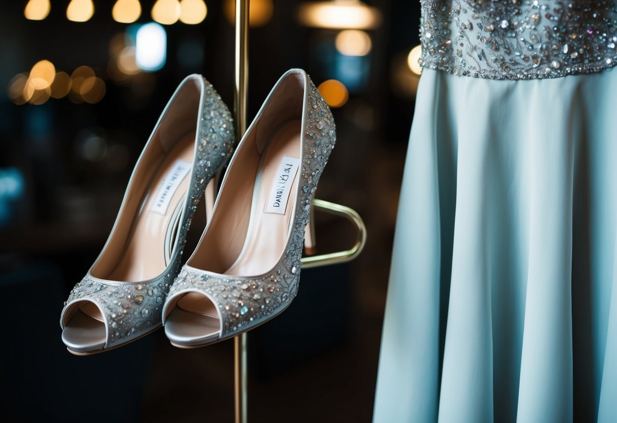 A pair of elegant high-heeled shoes next to a floor-length evening dress on a hanger