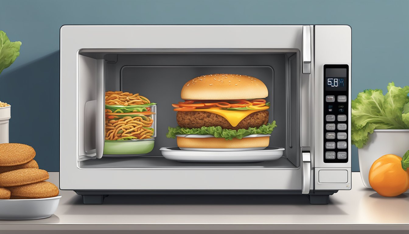 A microwave with a plate of bubba foods veggie burgers rotating inside