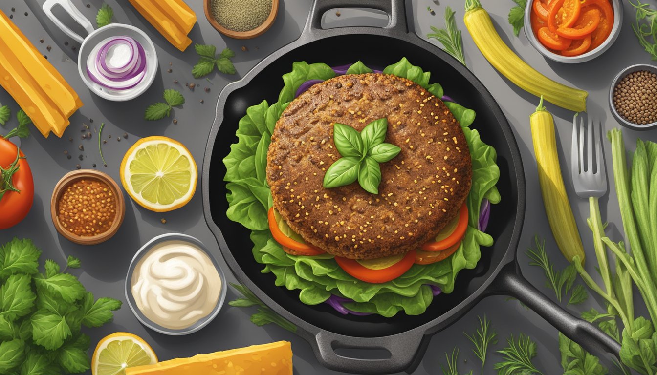 A bubba foods veggie burger sizzling in a skillet, surrounded by aromatic herbs and spices