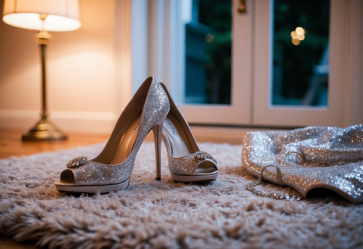 A pair of elegant high-heeled shoes placed next to a shimmering evening dress on a plush rug, with a soft glow from a nearby lamp