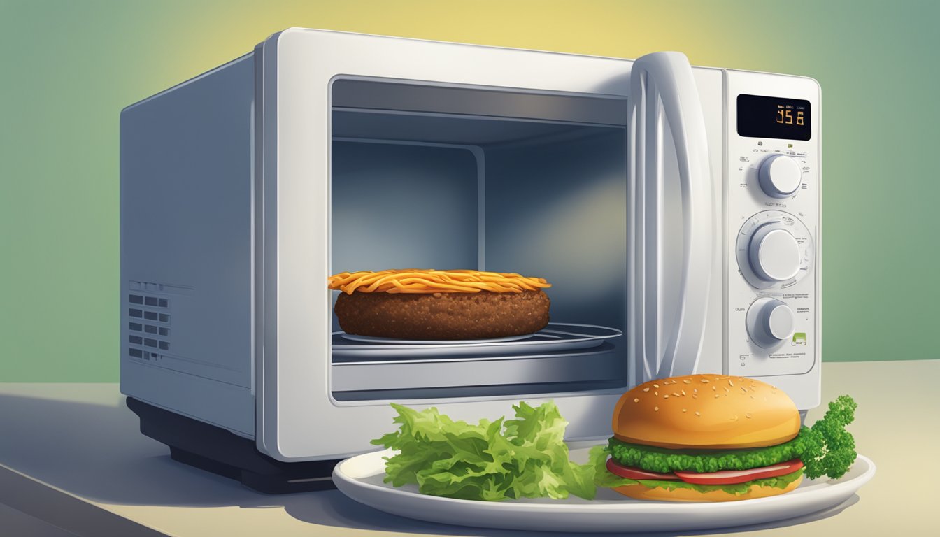 A microwave with a veggie burger on a plate, steam rising