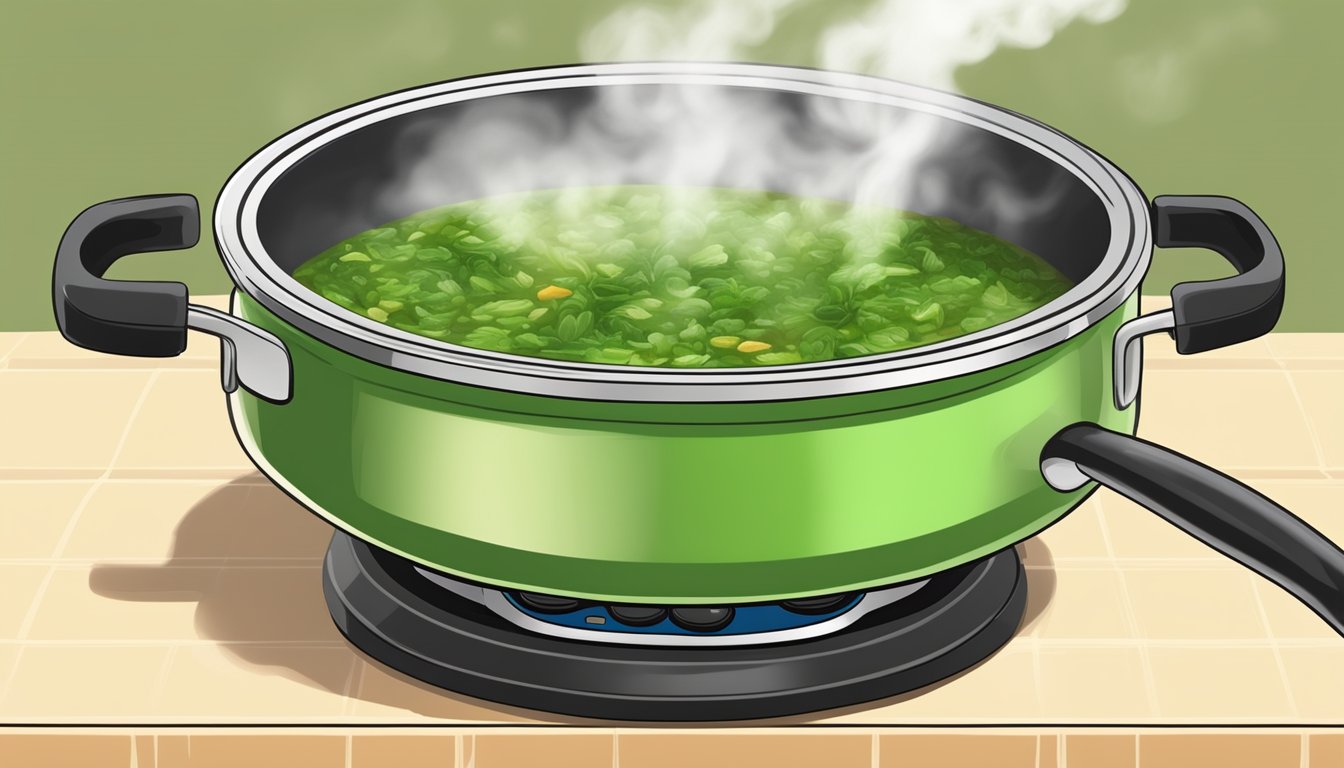 A steaming pot of caldo verde being gently reheated on a stovetop, with the aroma of the soup filling the kitchen