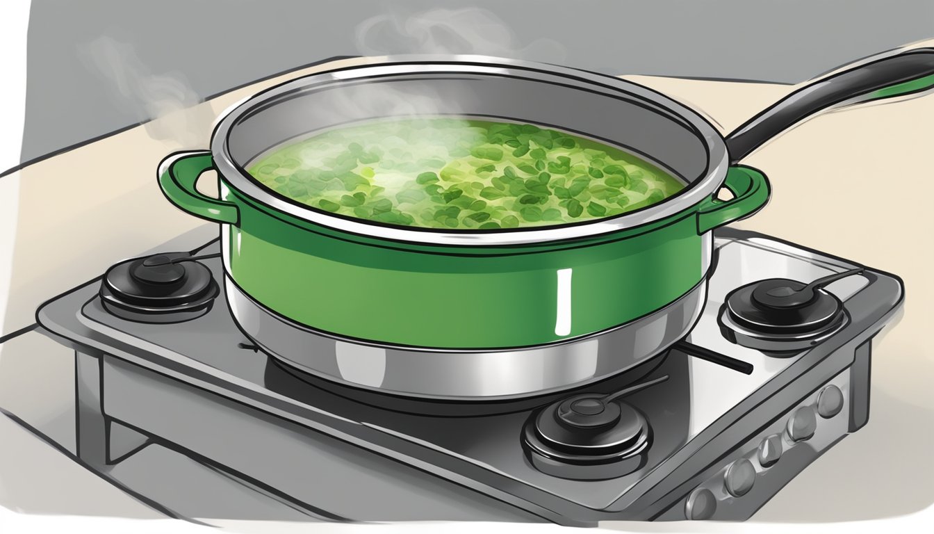 A pot of caldo verde simmering on a stovetop, steam rising, with a ladle resting on the side