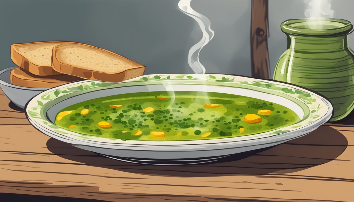 A steaming bowl of caldo verde sits on a rustic wooden table, surrounded by a loaf of crusty bread, a drizzle of olive oil, and a sprinkle of paprika