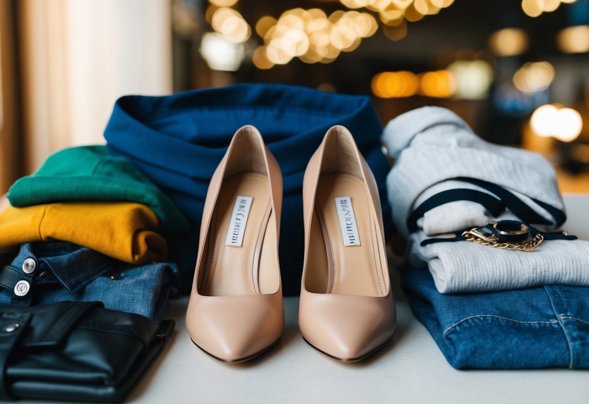 A pair of beige heels placed next to various items of clothing in different colors and styles