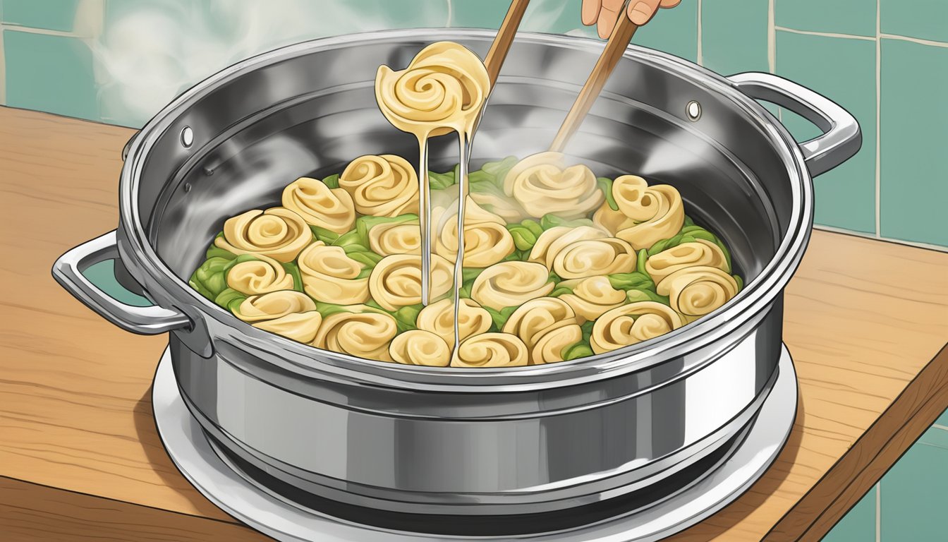 A steaming pot of water boils as Buitoni Three Cheese Tortellini is gently dropped in, then carefully stirred and drained before being plated