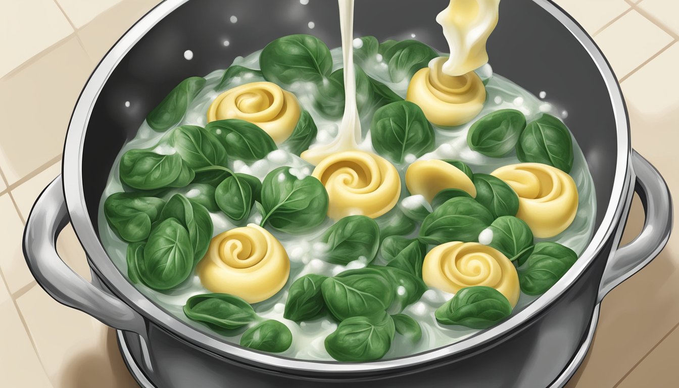 A pot of boiling water with spinach cheese tortellini being dropped in