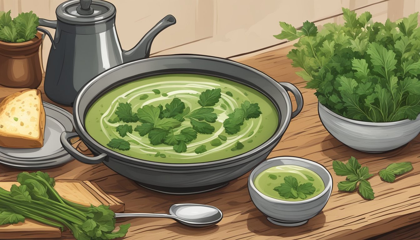 A steaming bowl of caldo verde sits on a rustic wooden table, surrounded by fresh greens and a pot of soup on a stovetop