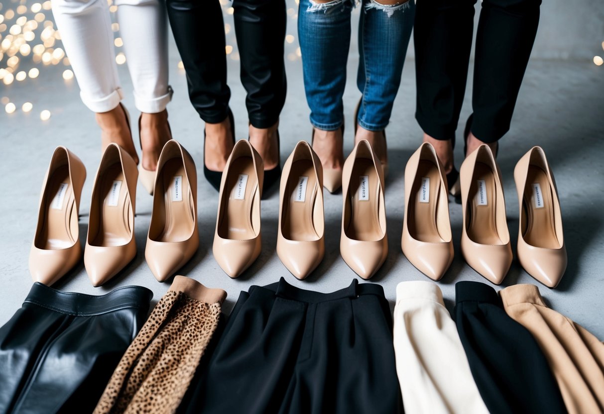 A collection of various outfits laid out with beige heels paired with each one, showcasing their versatility and coordination with different styles