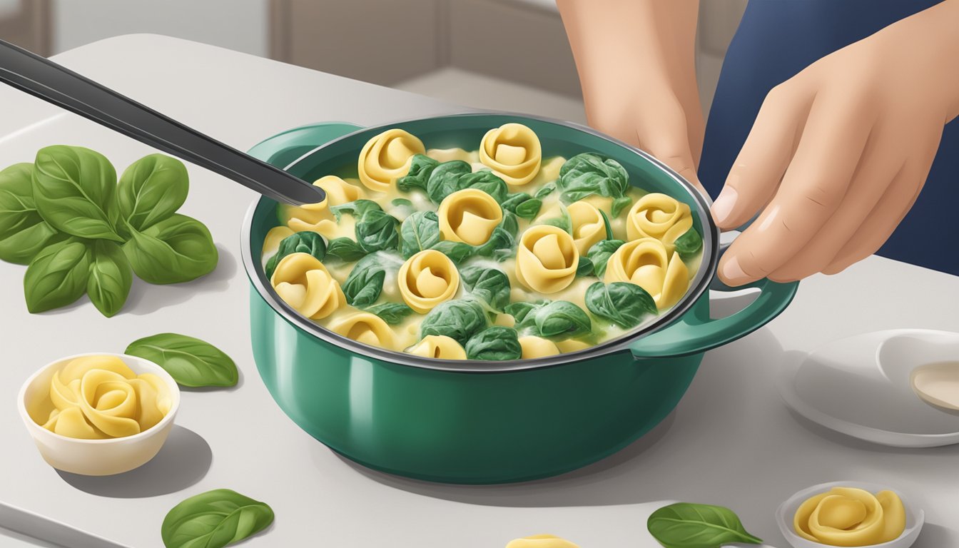 A pot of boiling water with buitoni spinach cheese tortellini being gently placed into it using a slotted spoon