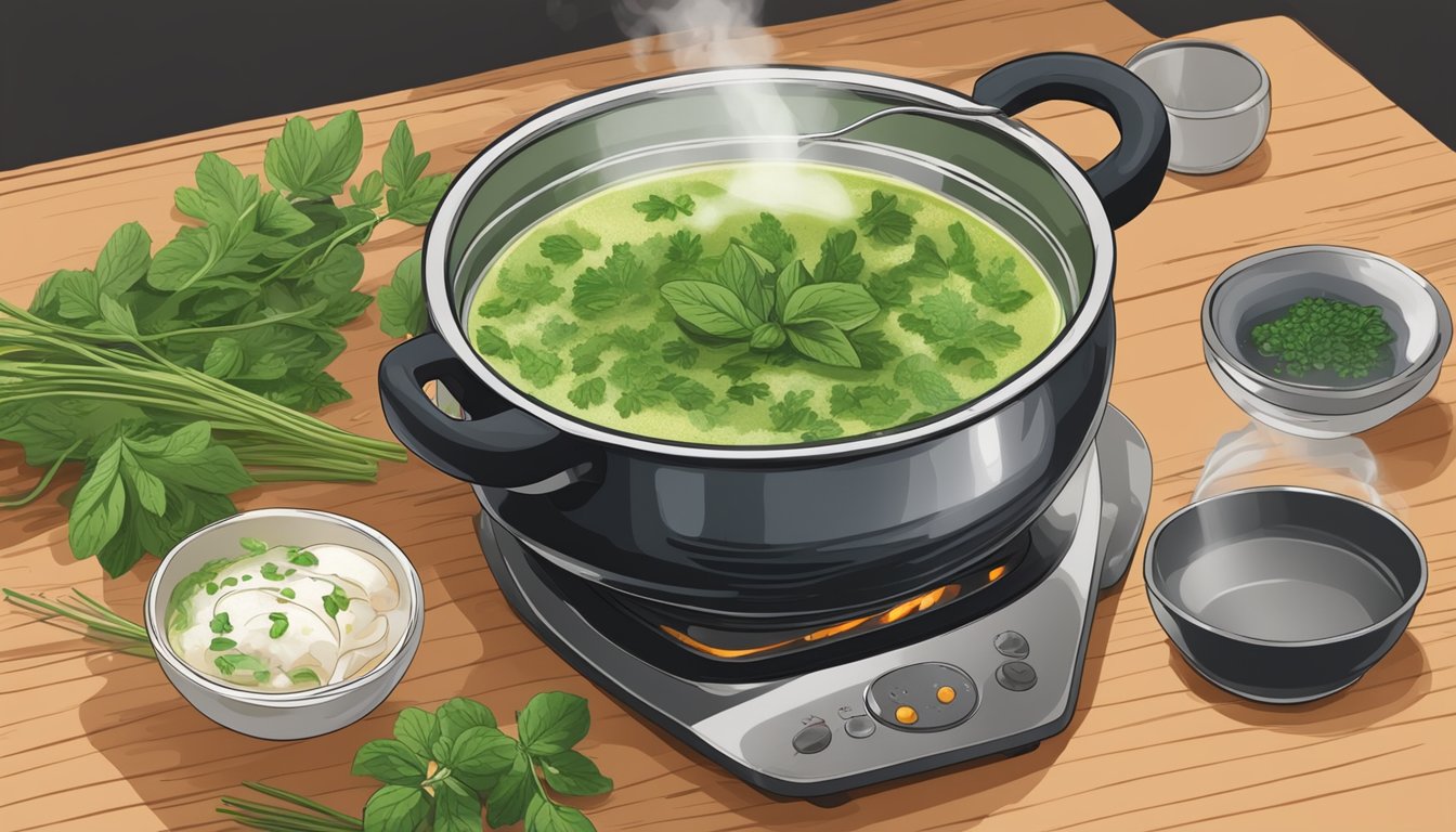 A steaming bowl of caldo verde being gently reheated on a stovetop, with a pot of the soup nearby and a sprinkle of fresh herbs for garnish