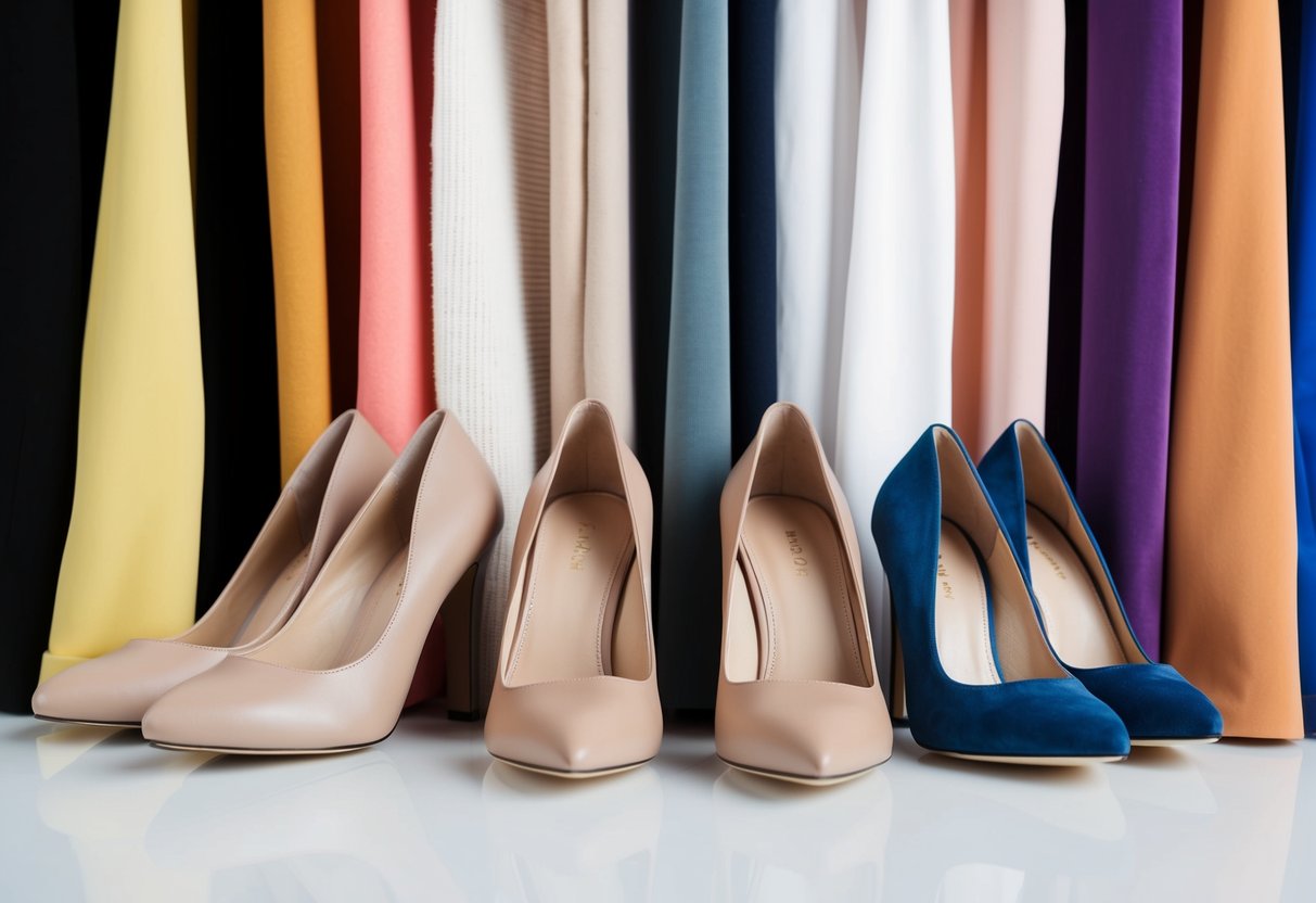 A pair of beige heels placed next to various outfits in different colors and styles to showcase their versatility