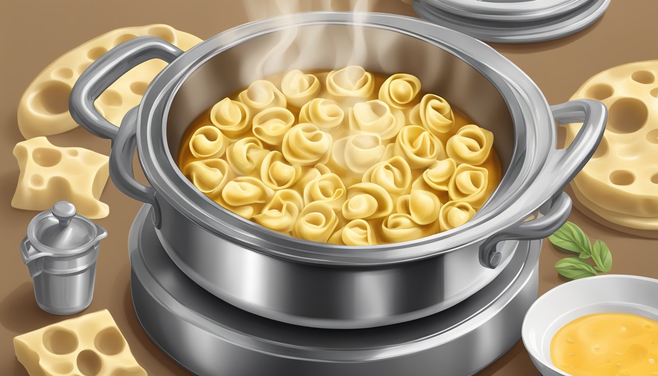 A pot of boiling water with three cheese tortellini simmering inside