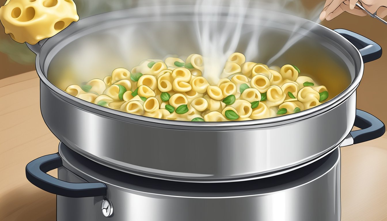 A pot of boiling water with buitoni three cheese tortellini being gently stirred, steam rising from the pot