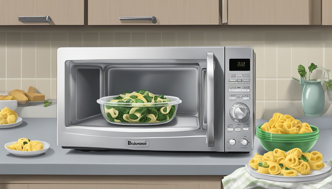 A microwave with a plate of Buitoni spinach cheese tortellini inside, a cover placed over the plate to prevent splattering, and a timer set for reheating