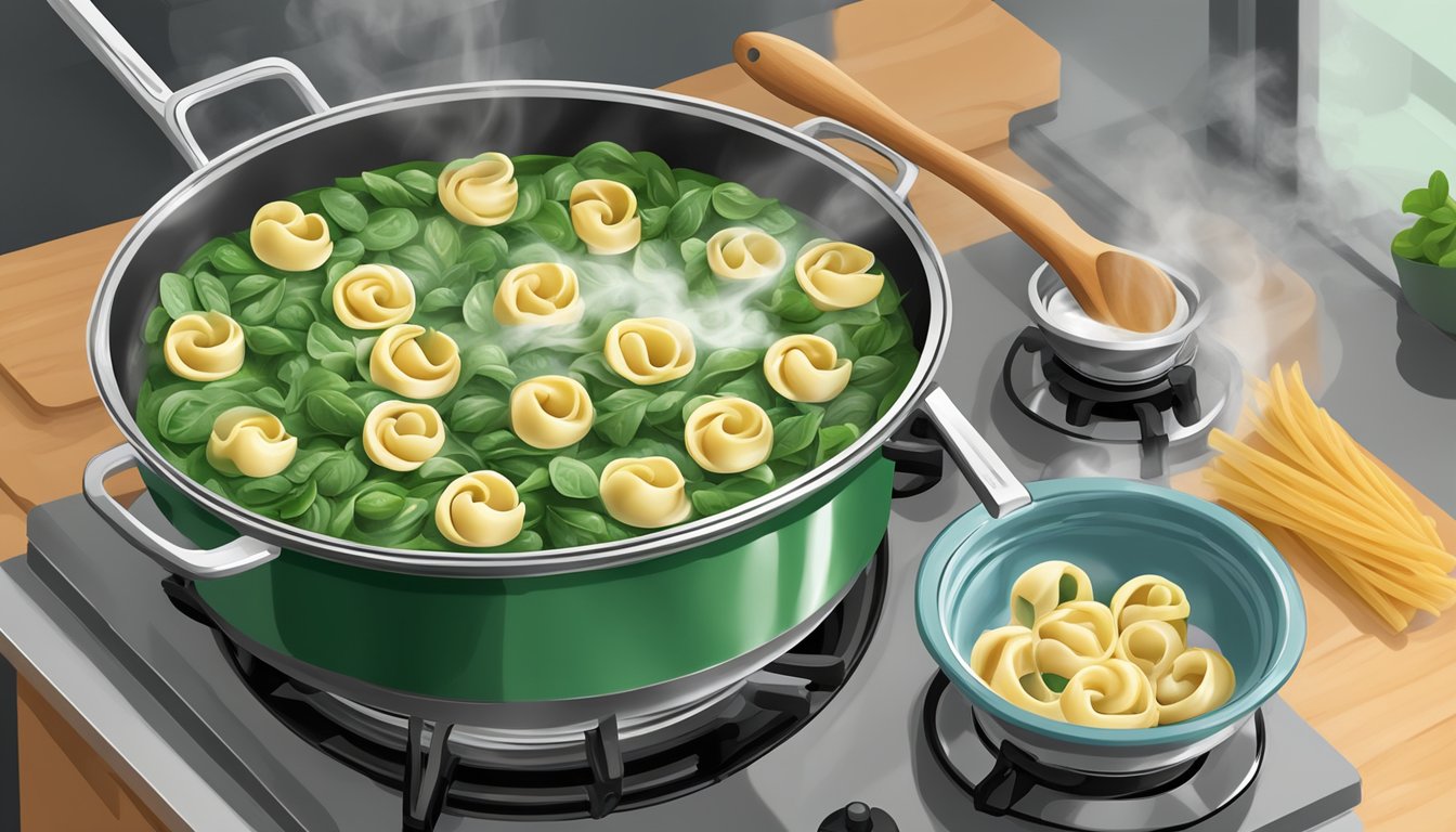 A steaming bowl of Buitoni spinach cheese tortellini being heated in a pot on the stove, with a wooden spoon stirring the pasta in the boiling water