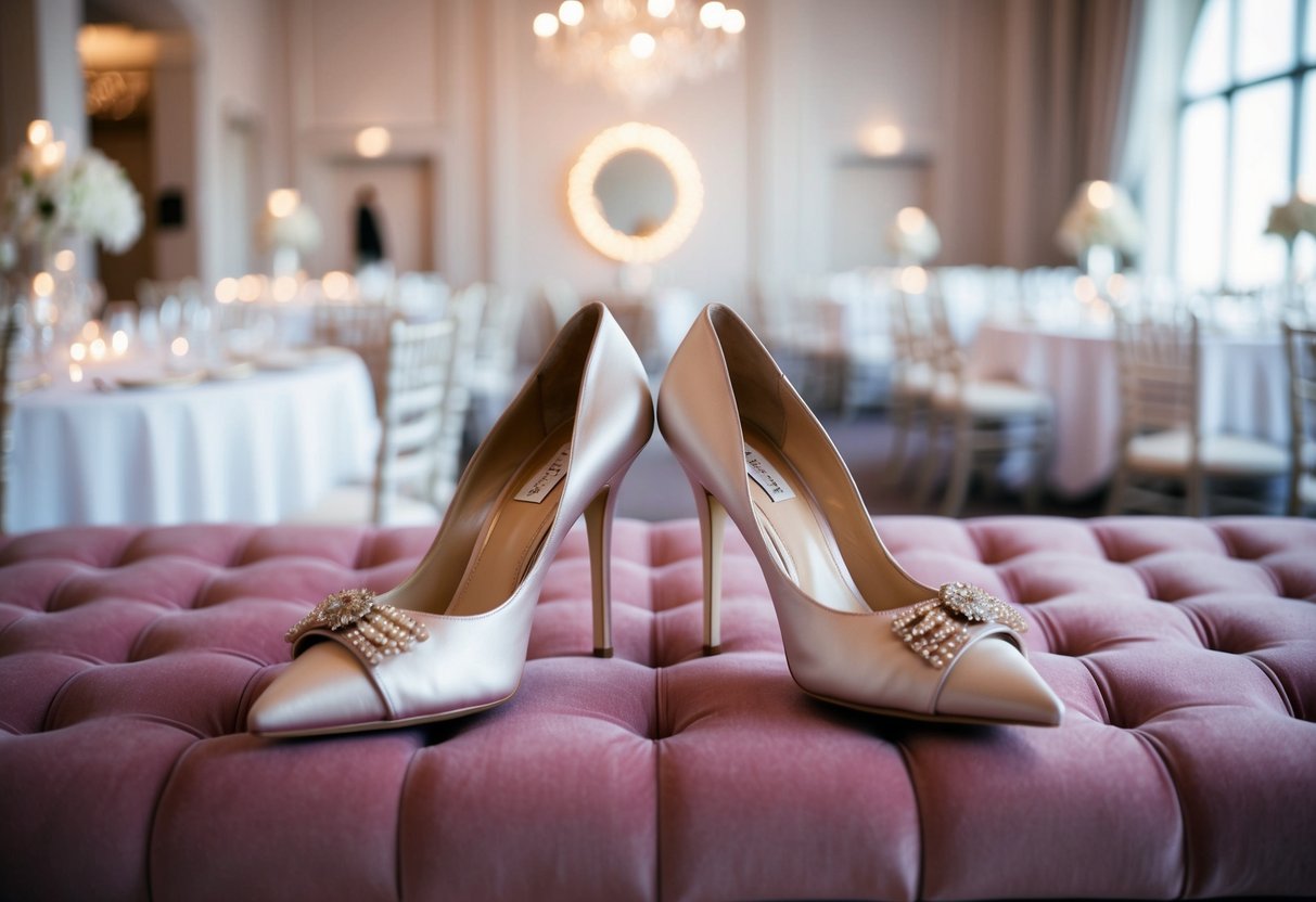 A pair of elegant high-heeled shoes and a matching handbag sit side by side on a plush velvet bench at a glamorous wedding venue