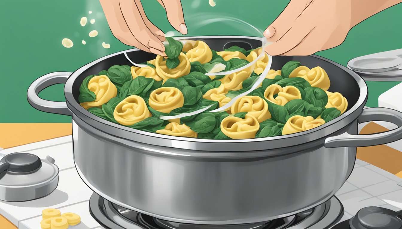 A pot of boiling water with a colander of cooked buitoni spinach cheese tortellini being drained