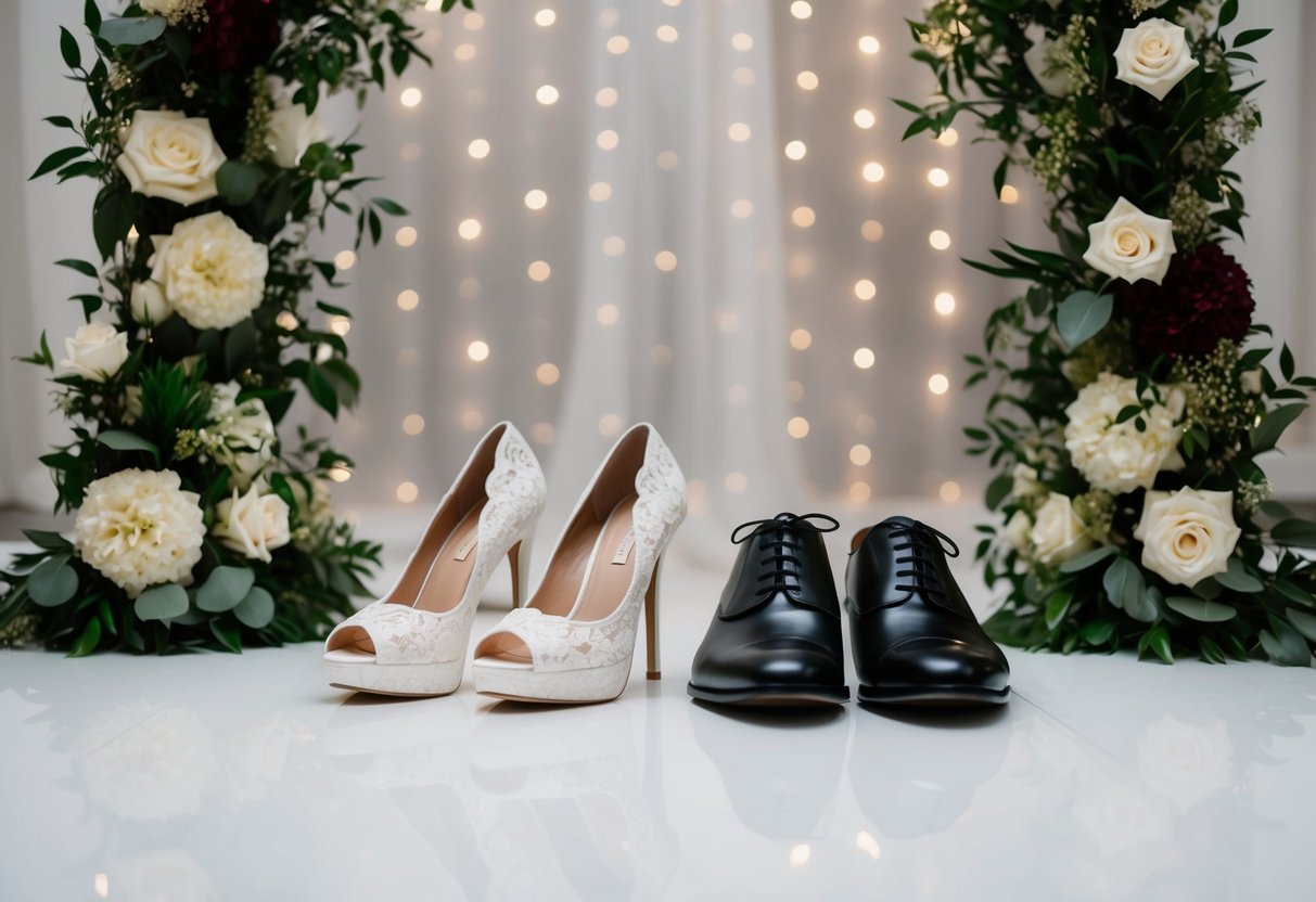 A bride's white lace high heels and matching clutch sit next to a groom's black dress shoes at the base of a floral-adorned wedding arch