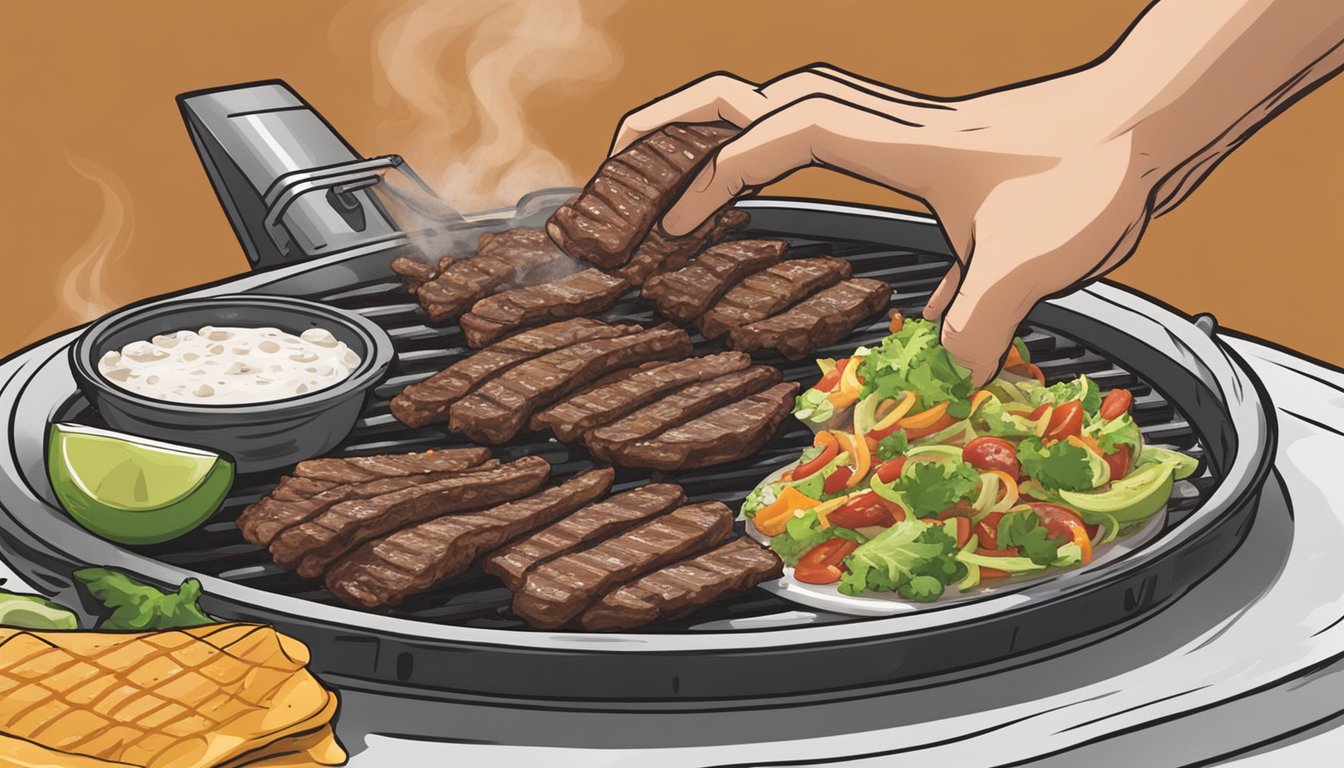 Sizzling carne asada tacos on a hot grill, steam rising. A hand reaching for a plate of leftover carne asada