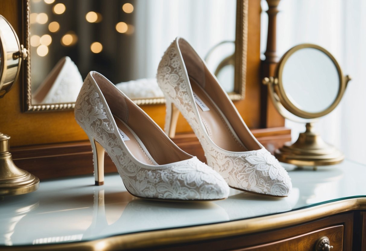 A bride's white lace heels and matching clutch sit on a vintage vanity