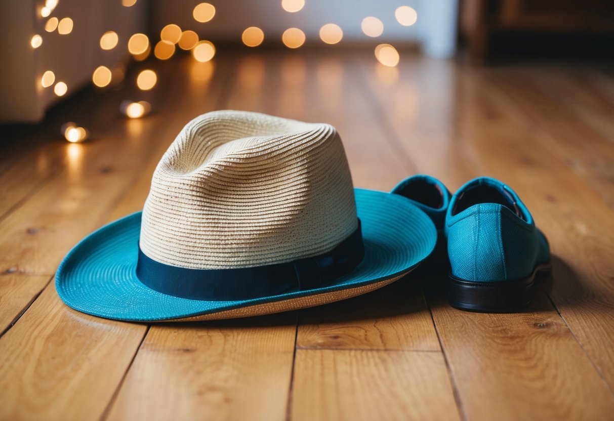 A hat and shoes in matching colors placed neatly on a wooden floor
