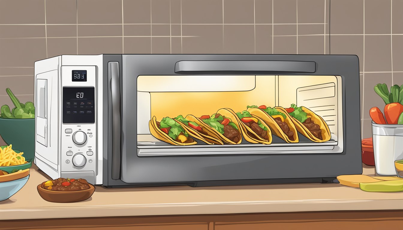 A plate of carne asada tacos being reheated in a microwave