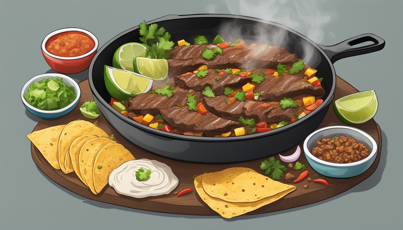 A sizzling skillet with reheated carne asada tacos, steam rising, surrounded by traditional Mexican spices and garnishes