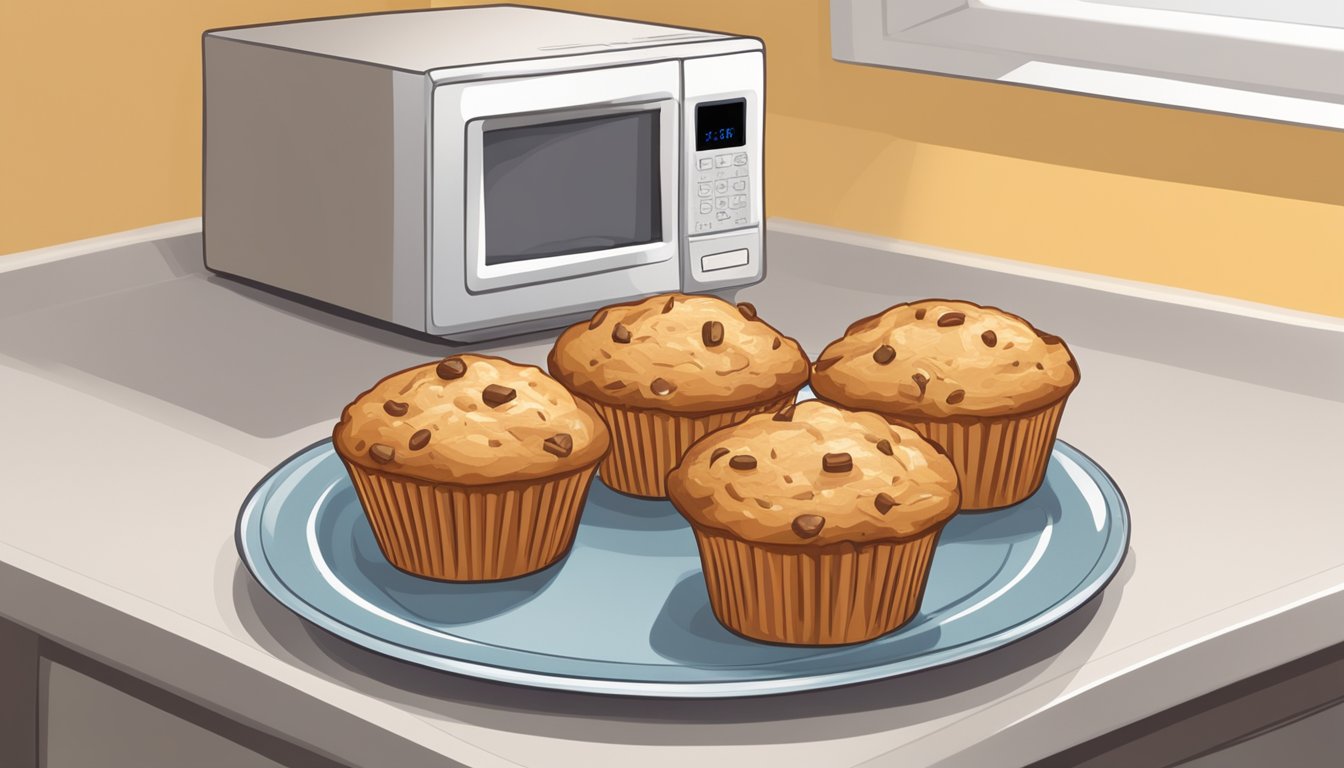 Carrot cake muffins on a plate, next to a microwave. One muffin is being reheated on a small microwave-safe dish