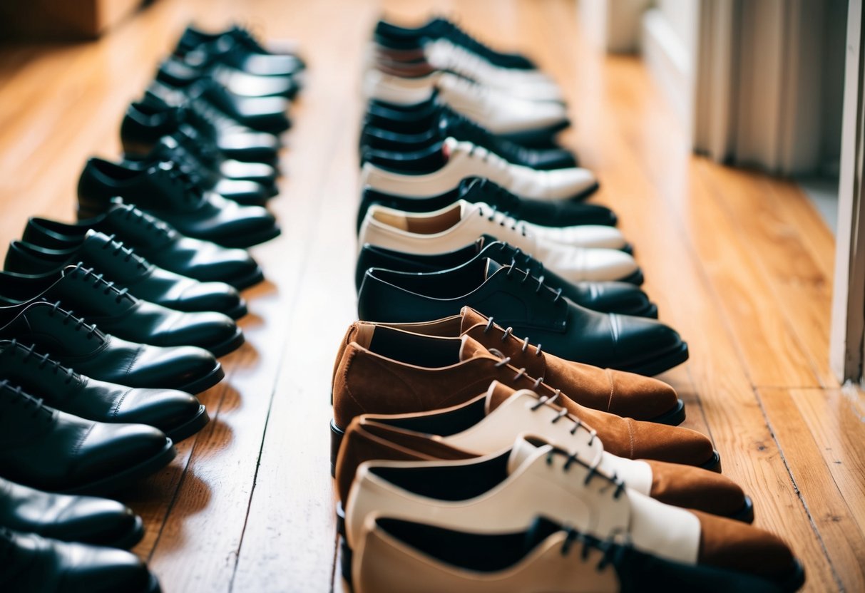 A row of black, white, and brown shoes neatly arranged on a hardwood floor