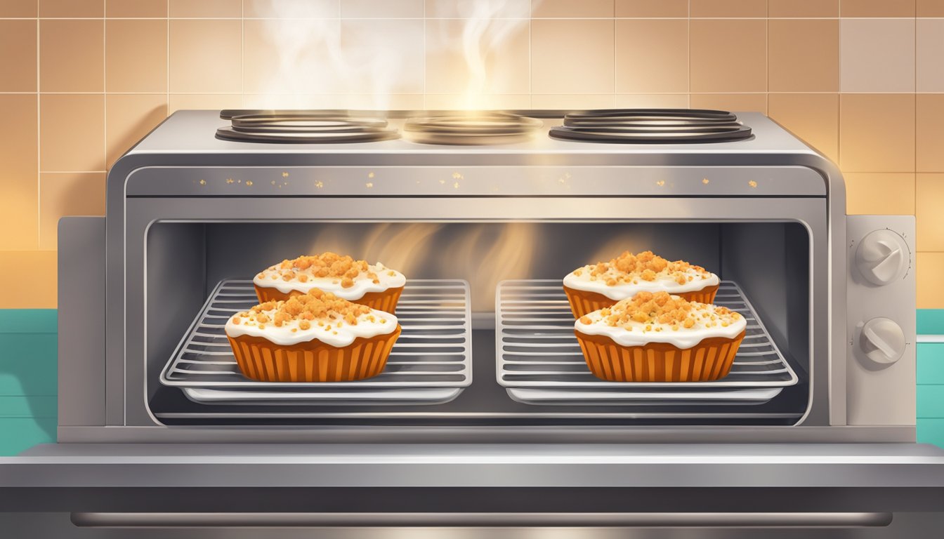 A plate of carrot cake muffins being reheated in the oven, with a timer set and steam rising from the freshly baked treats