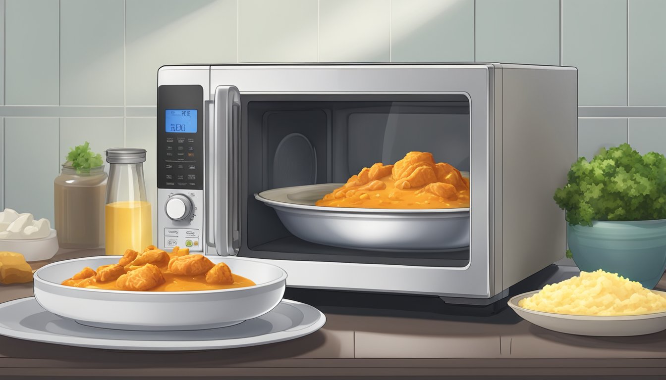 A microwave with a plate of butter chicken inside, steam rising from the dish