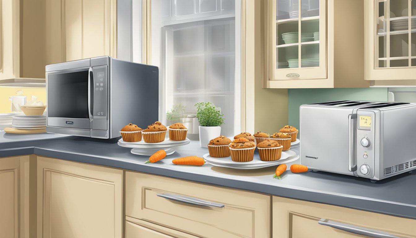 A kitchen counter with carrot cake muffins in airtight containers, a microwave, and a plate with a reheated muffin