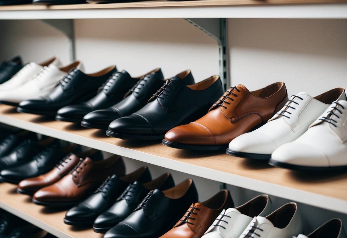 A collection of shoes in black, brown, and white, arranged neatly on a shelf