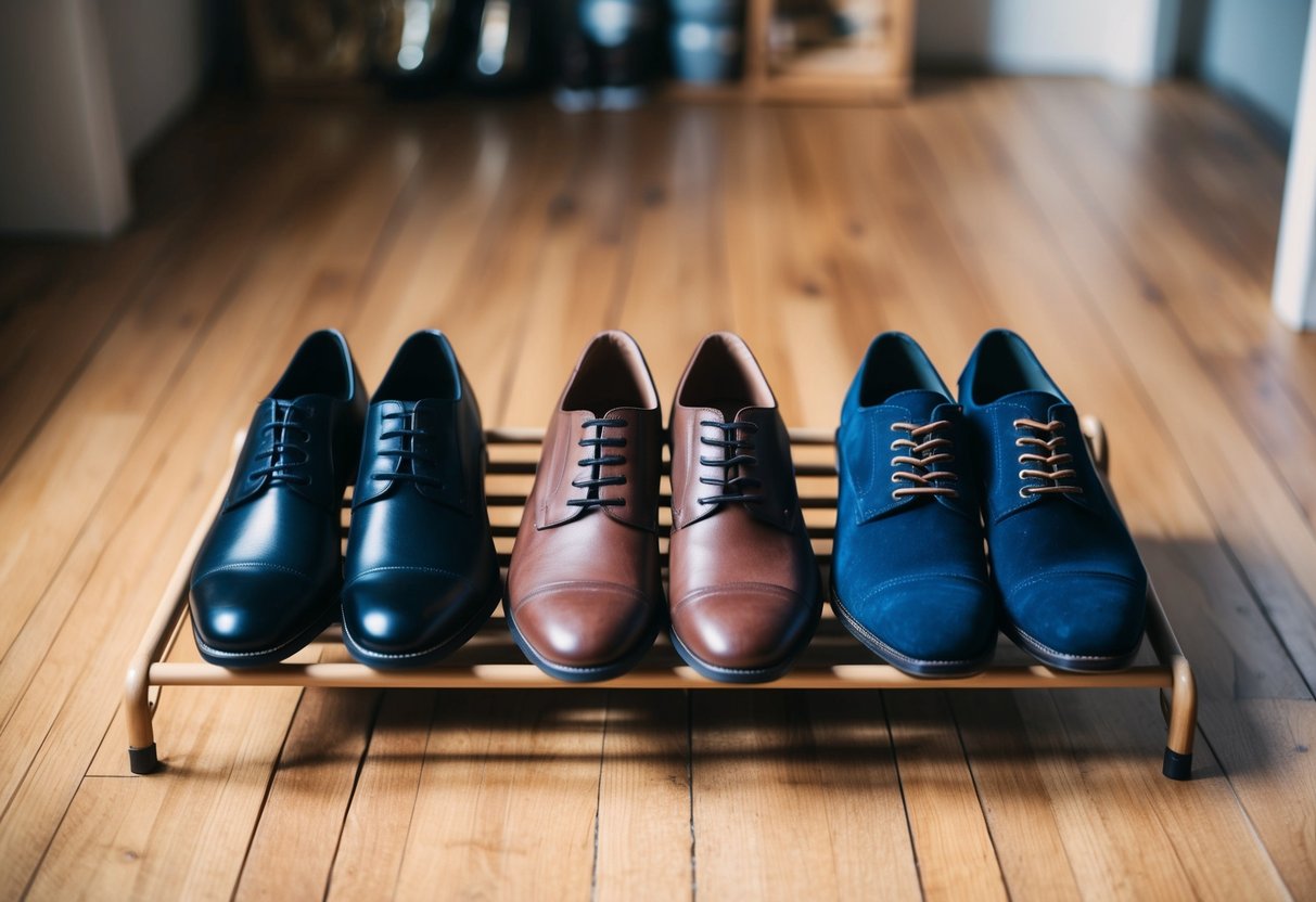 A shoe rack with three pairs of shoes: black, brown, and navy blue, arranged neatly on a wooden floor